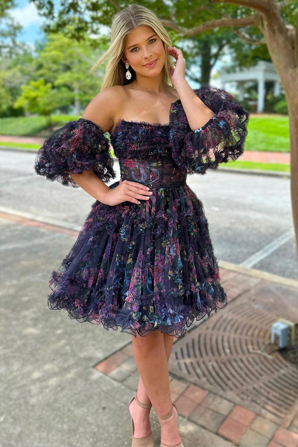 Blue Homecoming Dresses Printed Detachable Sleeves Ruffled Short Cocktail Dresses