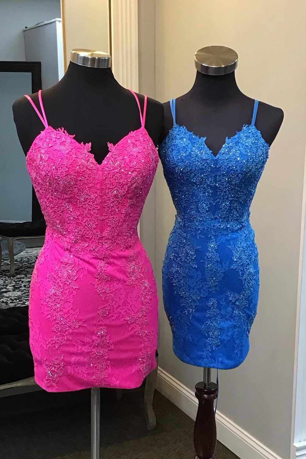 Blue Homecoming Dresses Spaghetti Straps Corset Lace Tight Short Cocktail Dresses