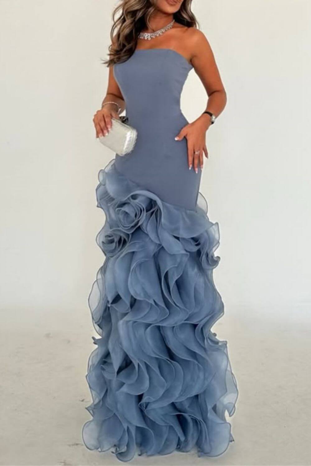 Strapless Sleeveless Long Mermaid Evening Formal Dress With Tulle Ruffled