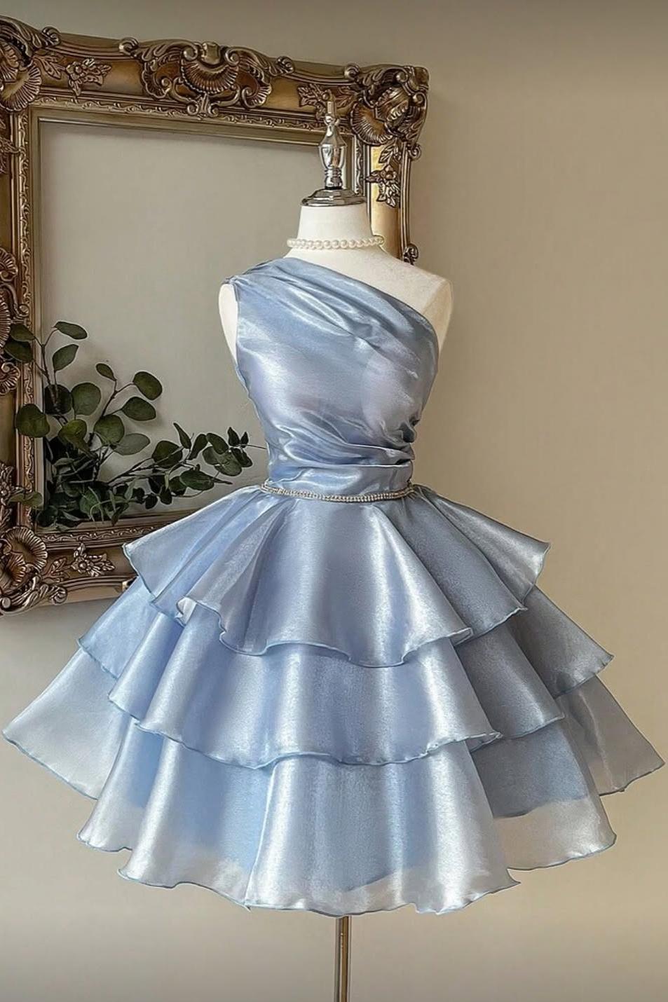 Blue One Shoulder Homecoming Dress Tiered A Line Short Evening Cocktail Dress