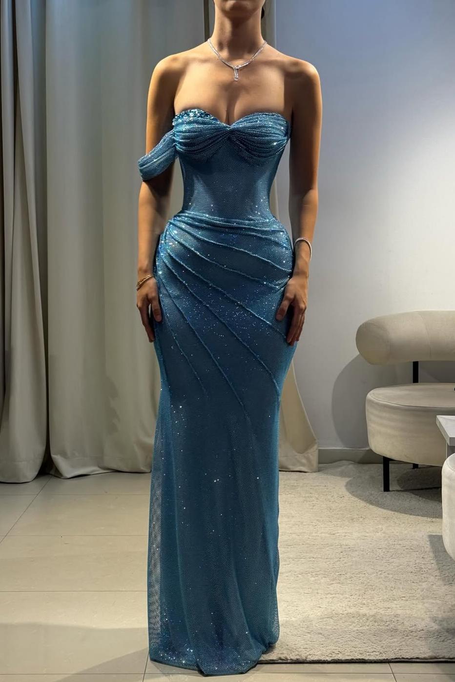 Suzhoufashion Blue One-Shoulder Mermaid Prom Dress With Ruched Detailing Formal Evening Gown