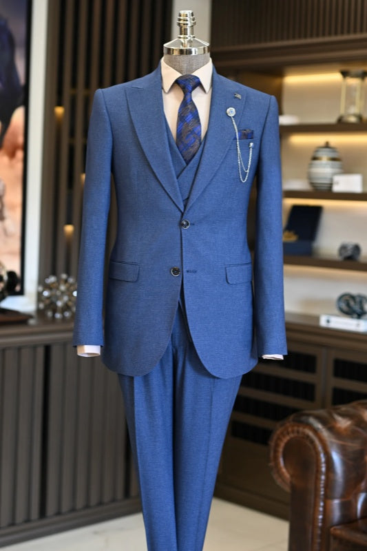 Blue Peaked Lapel 3 Piece Business Men's Suit