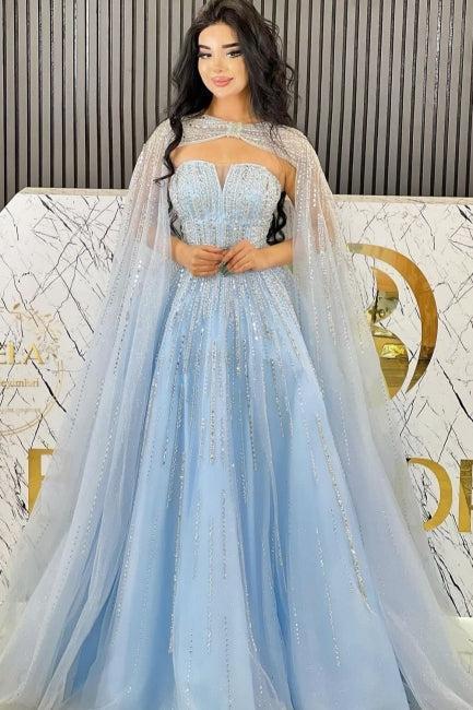 Blue Prom Dress A Line Strapless Sequined Floor Length Tulle Formal Dress With Cloak