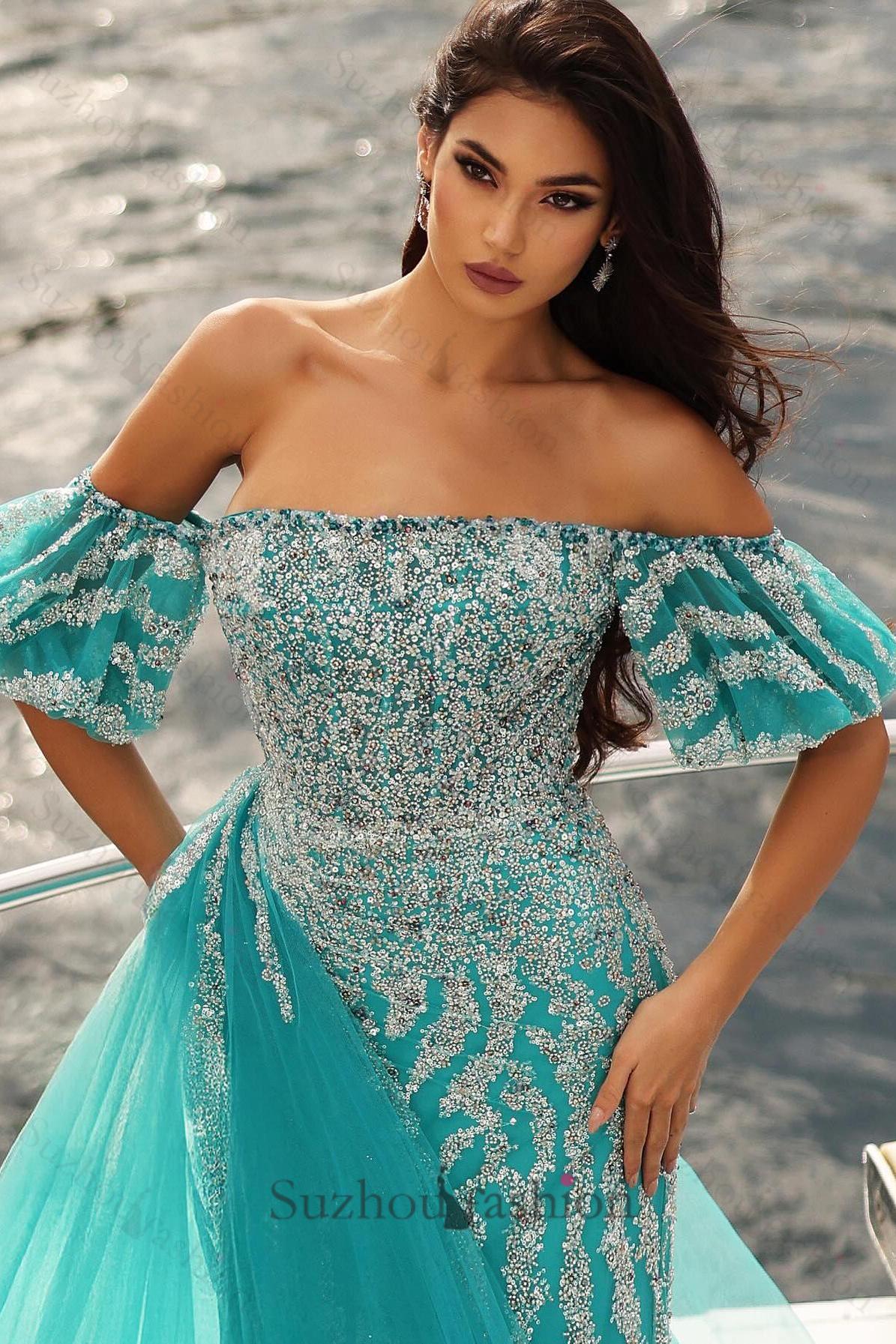 Blue Prom Dress Column Strapless Off The Shoulder Sleeveless Sequined Panel Train Tulle Formal Dress