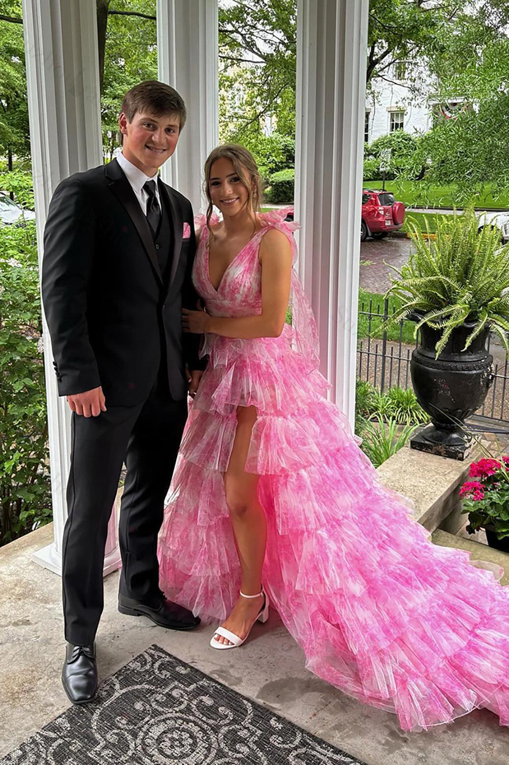 Blue Prom Dress Floral A-Line Ruffled Tie-Strap Long Formal Dress With Slit