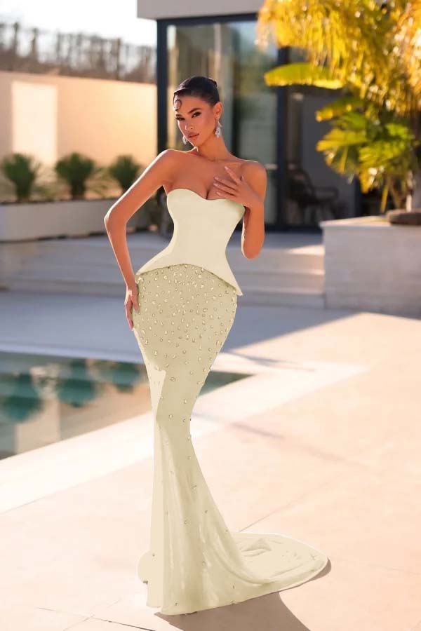 Blue Prom Dress Mermaid Beaded Strapless Sleeveless Satin Chiffon Formal Dress With Rhinestone