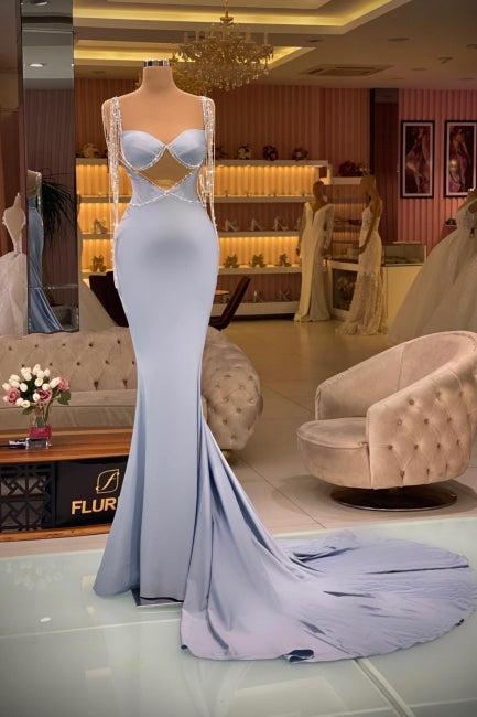 Blue Prom Dress Mermaid Sleeveless Beaded Satin Sweep Train Formal Dress With Tassels