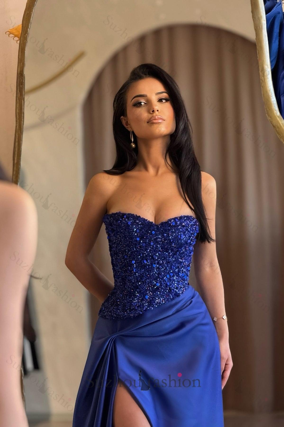 Blue Prom Dress Mermaid Sweetheart Sleeveless Sequined Beaded Panel Train Satin Formal Dress With Slit