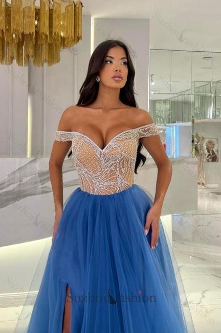 Blue Prom Dress Off The Shoulder Beaded A Line Sleeveless Floor Length Formal Dress With Slit
