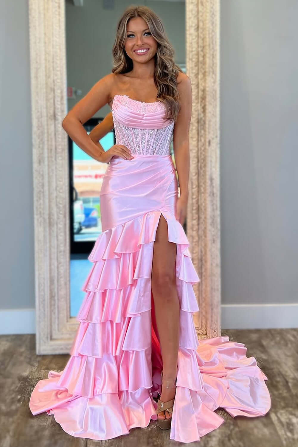 Blue Prom Dress Ruffled Mermaid Long Lace Satin Formal Dress With Slit