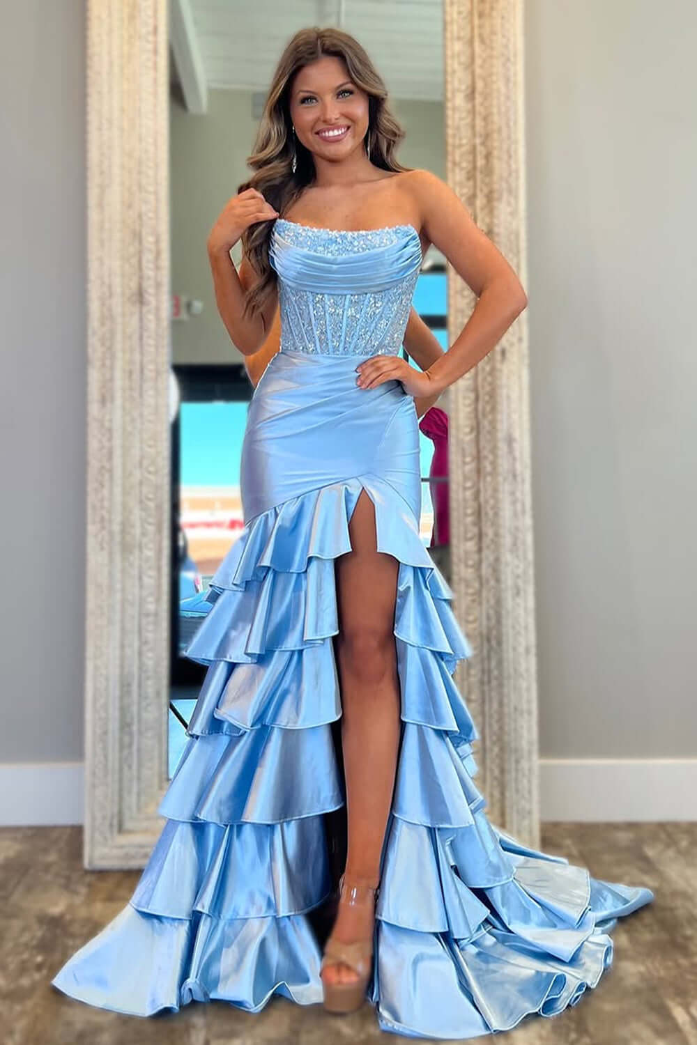 Blue Prom Dress Ruffled Mermaid Long Lace Satin Formal Dress With Slit