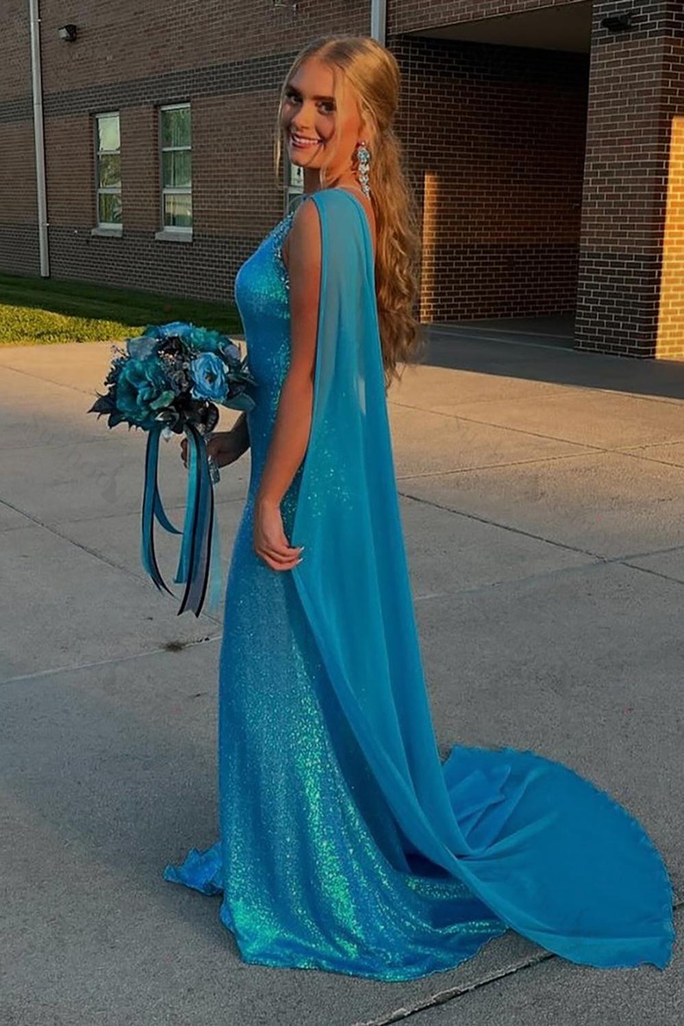 Blue Prom Dress Sequined Mermaid One Shoulder Long Formal Dress With Slit