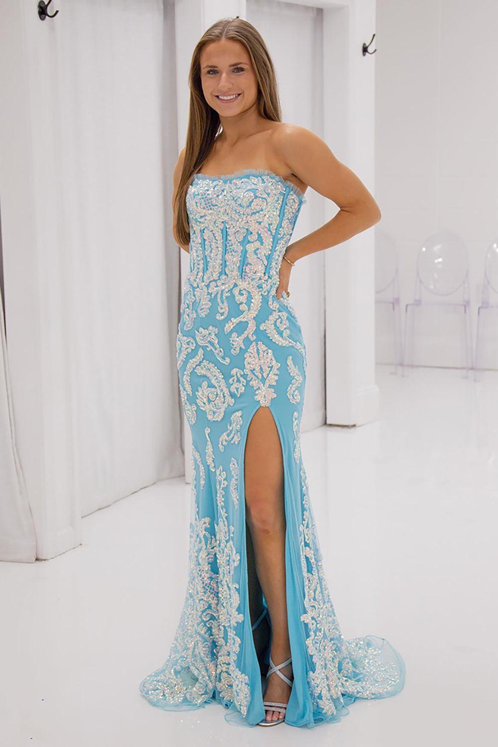 Blue Prom Dress Strapless Mermaid Formal Dress With Slit