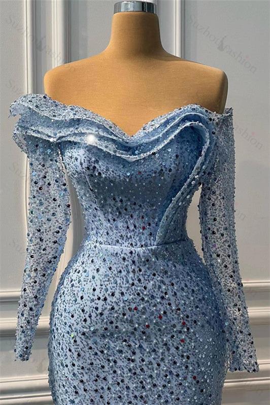 Blue Prom Dress Sweetheart Long Sleeve Mermaid Evening Formal Dress Split With Beading