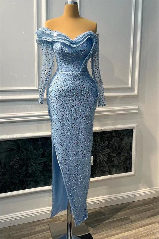 Blue Prom Dress Sweetheart Long Sleeve Mermaid Evening Formal Dress Split With Beading