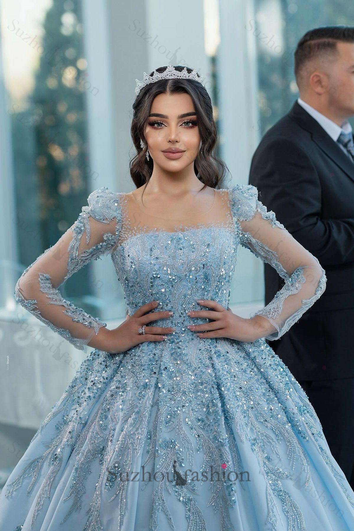 Blue Square Long Illusion Sleeves Beaded Sequined Ball Gown Long Satin Bridal Gown With Appliques