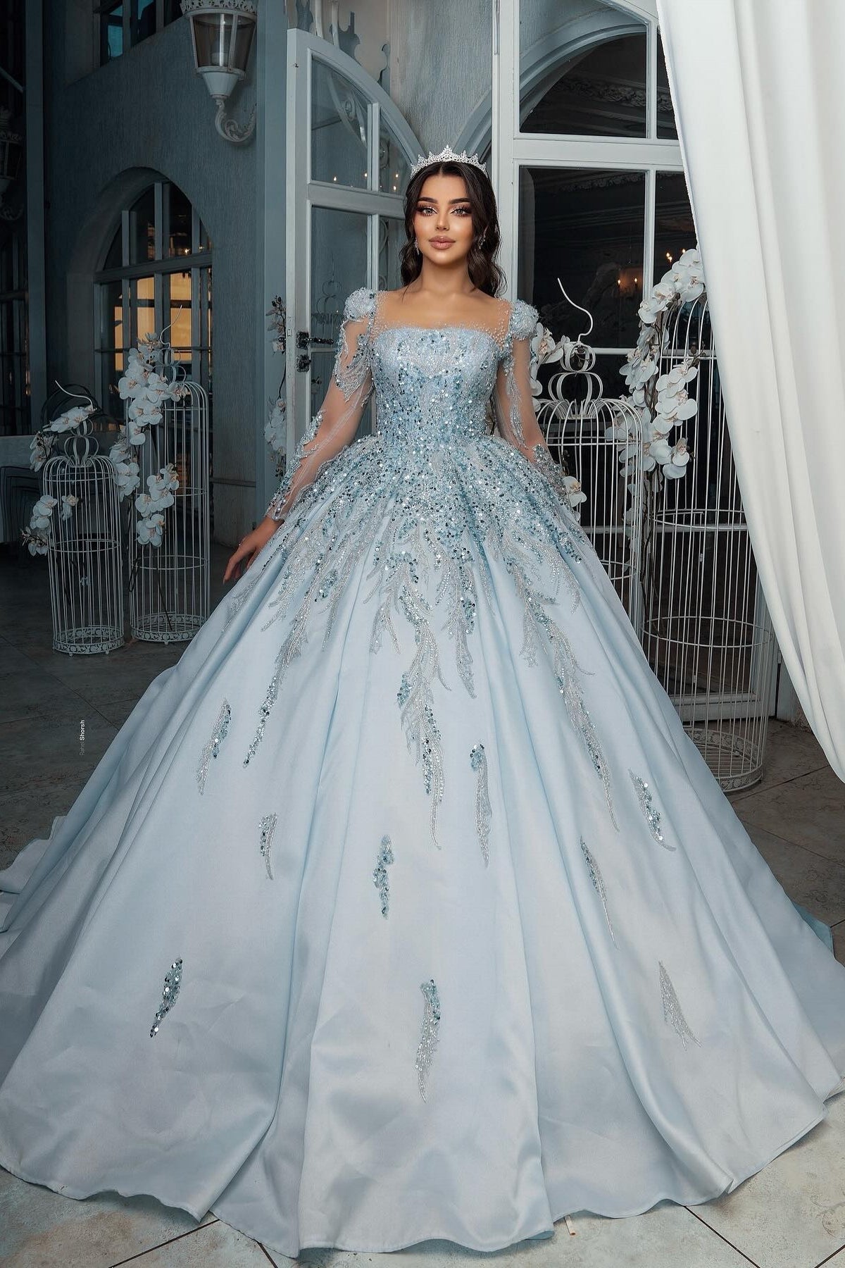 Blue Square Long Illusion Sleeves Beaded Sequined Ball Gown Long Satin Bridal Gown With Appliques