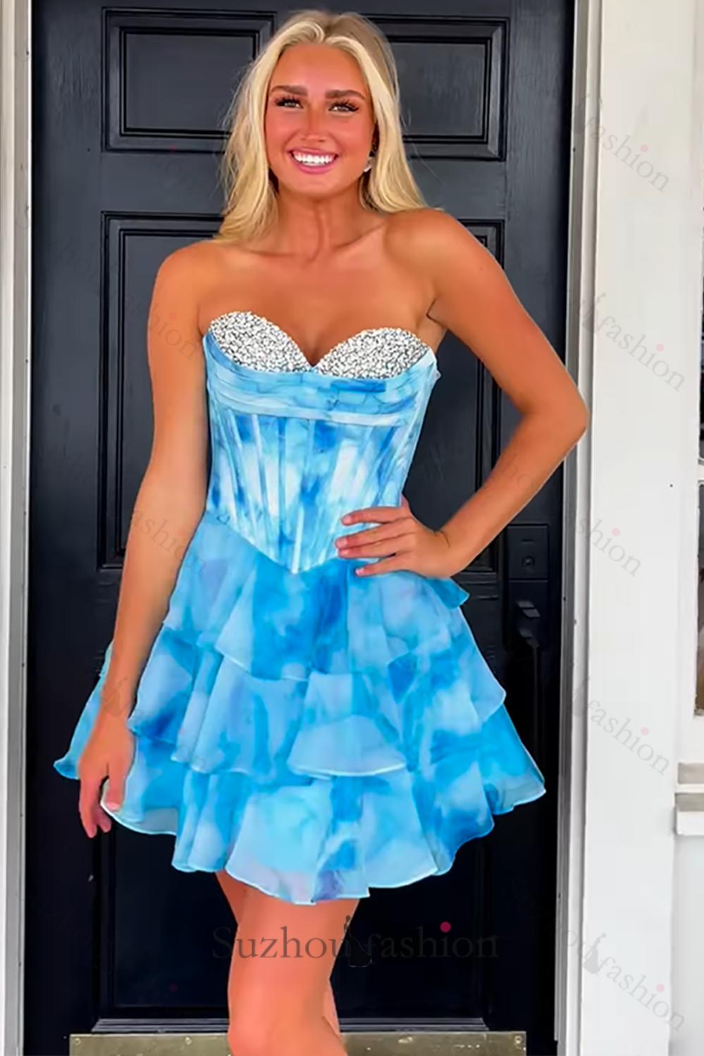 Blue Tiered Homecoming Dresses Corset Short Cocktail Dresses With Beading