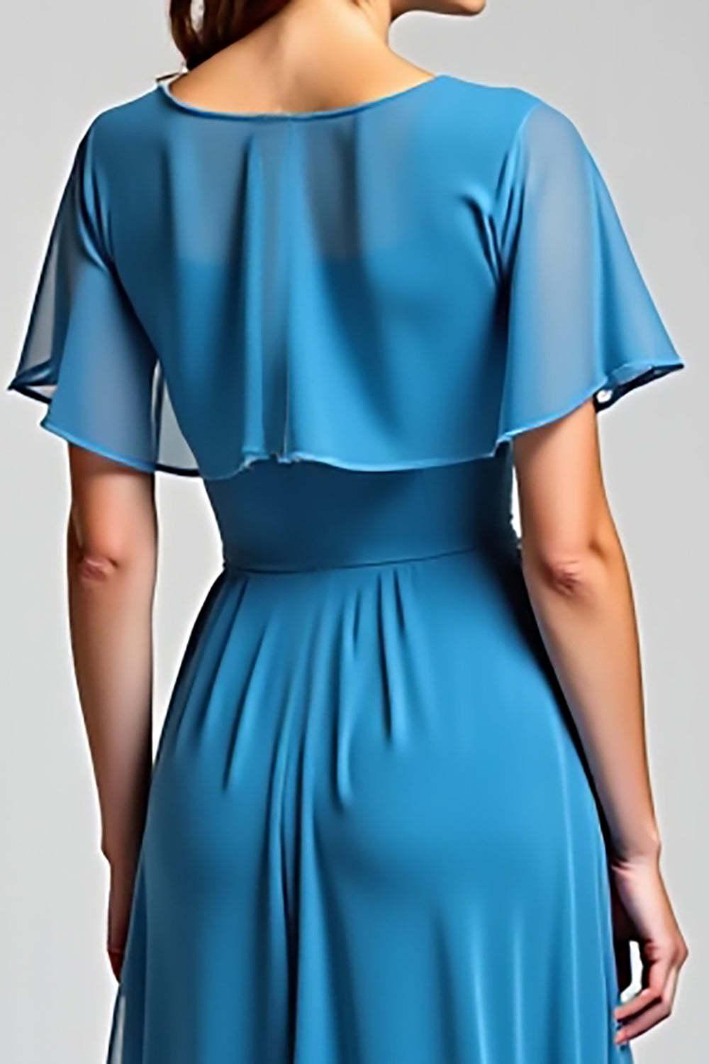 Blue Wedding Guest Dress Long Chiffon A Line Formal Dress With Short Sleeves