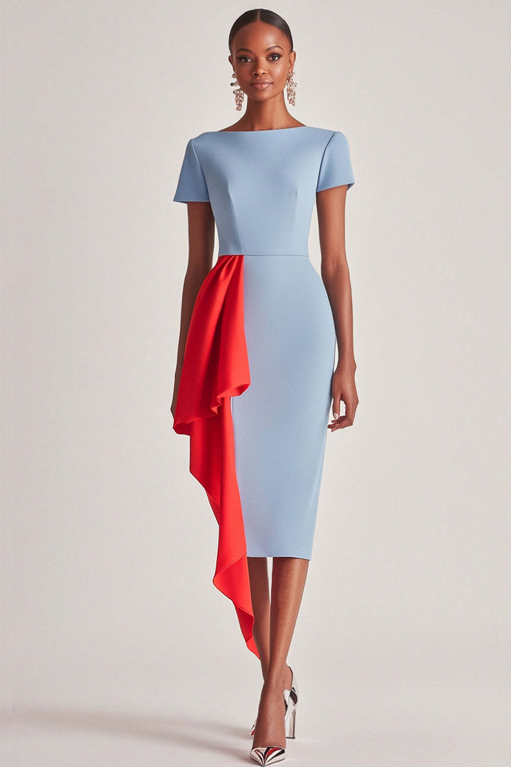 Blue Wedding Guest Dress Sheath Satin Tea Length Formal Dress With Short Sleeves