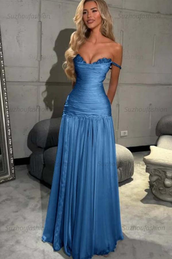 Off The Shoulder Prom Dress Sleeveless Pleated A Line Formal Evening Gown