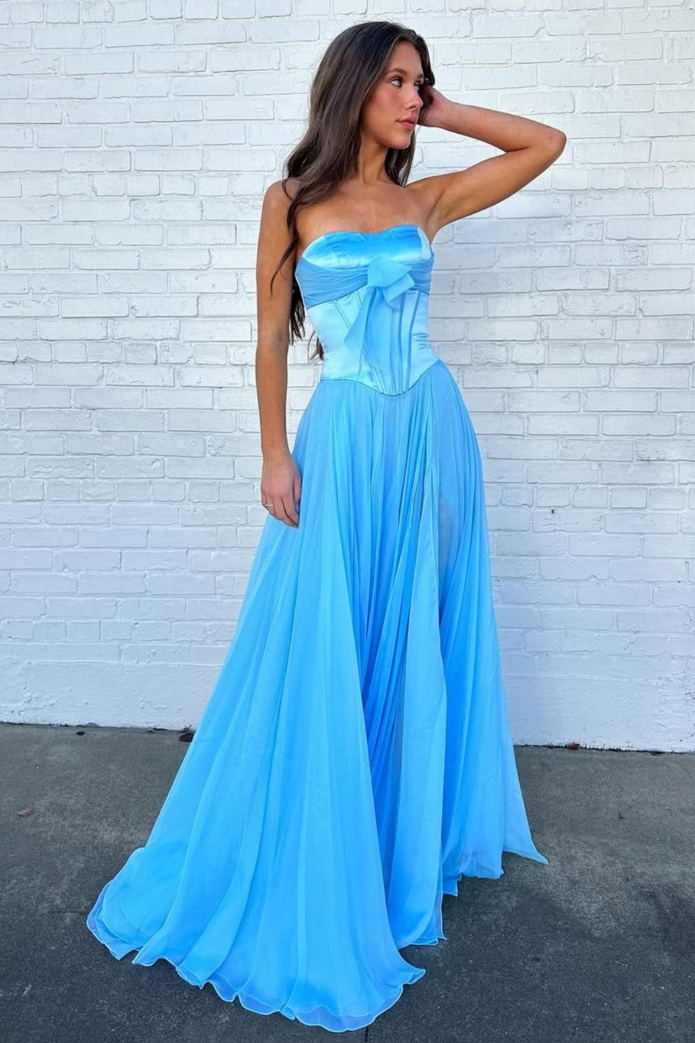 Pretty A Line Sweetheart Blue Corset Prom Dress with Bowknot - View 4 | VelvetHem
