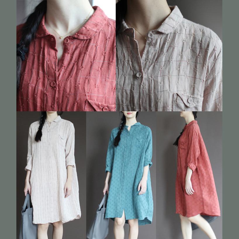 Blue linen half sleeve sundress plus size casual summer shirt dresses