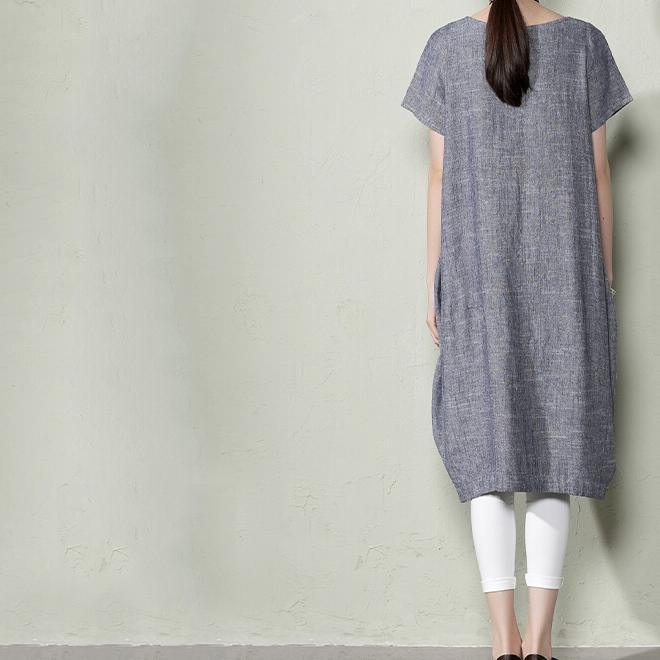 Blue Linen Shift Dress Summer Maxi Dresses Plus Size Linen Clothing ( Limited Stock)