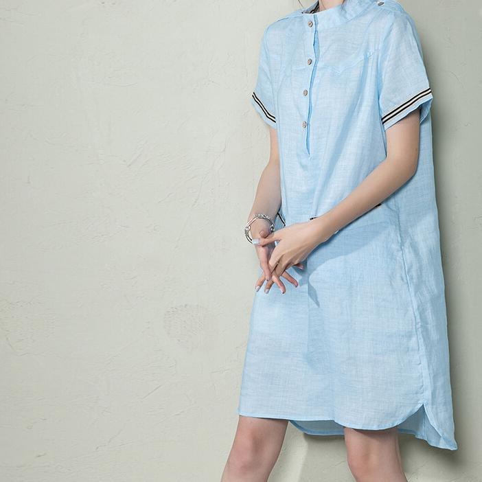 Blue plus size linen sundress oversize linen summer dress shift shirt blouse