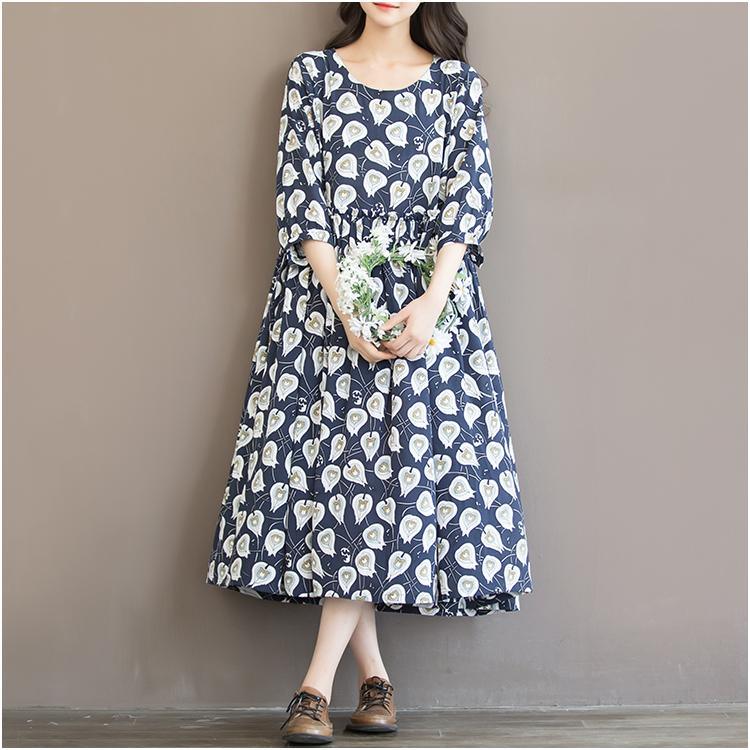 Blue print floral chiffon maxi dress oversize sundress summer half sleeve dress