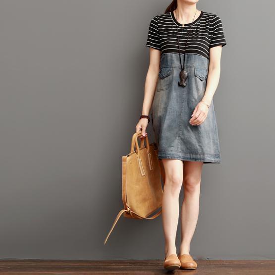 Blue short summer denim dress strip patchwork