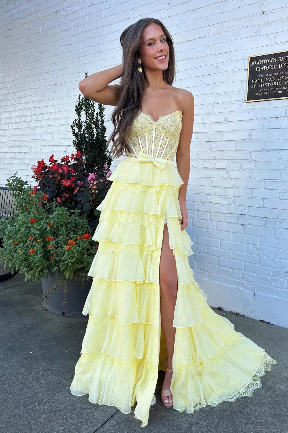 Suzhoufashion Blush Pink A-Line Lace Corset Prom Dress With Tiered Ruffle Skirt & Slit Formal Evening Gown