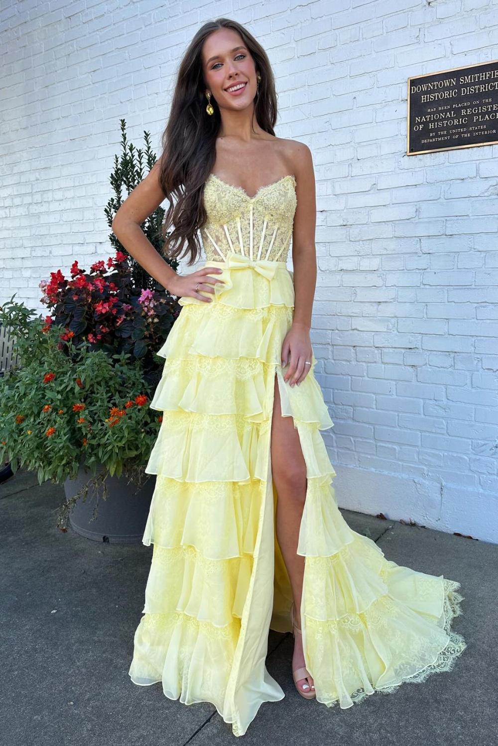 Suzhoufashion Blush Pink A-Line Lace Corset Prom Dress With Tiered Ruffle Skirt & Slit Formal Evening Gown