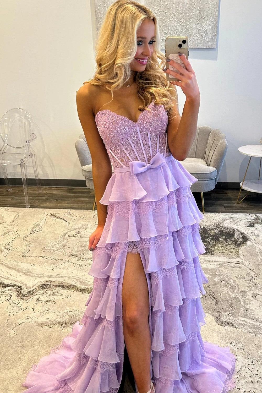 Suzhoufashion Blush Pink A-Line Lace Corset Prom Dress With Tiered Ruffle Skirt & Slit Formal Evening Gown