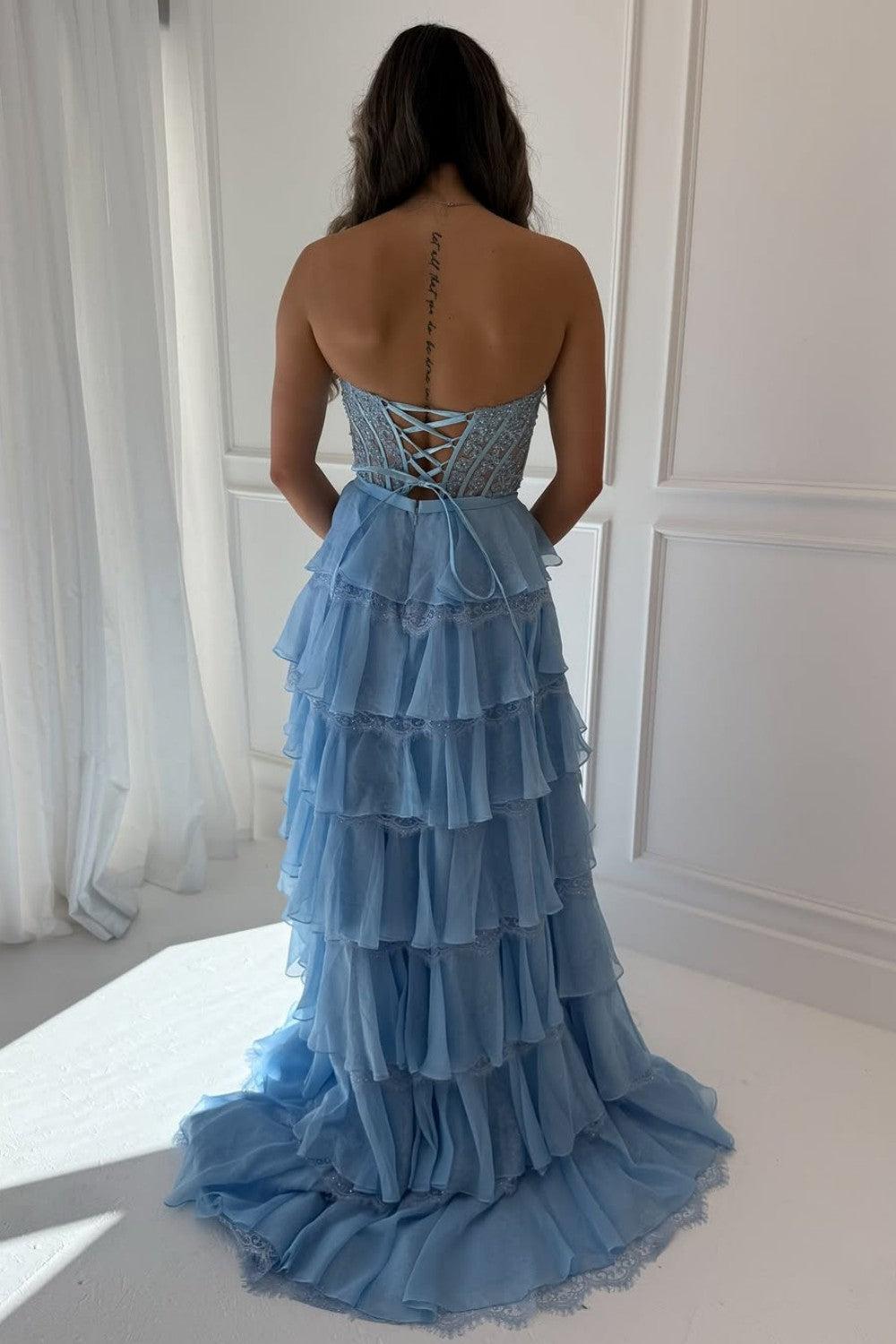 Suzhoufashion Blush Pink A-Line Lace Corset Prom Dress With Tiered Ruffle Skirt & Slit Formal Evening Gown
