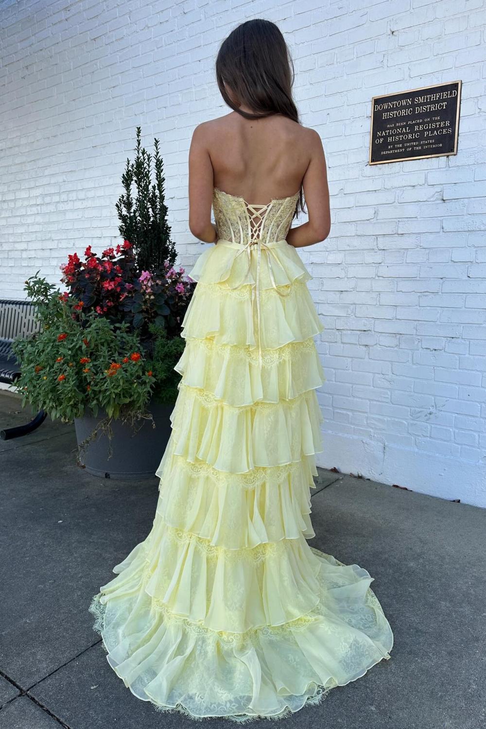 Suzhoufashion Blush Pink A-Line Lace Corset Prom Dress With Tiered Ruffle Skirt & Slit Formal Evening Gown