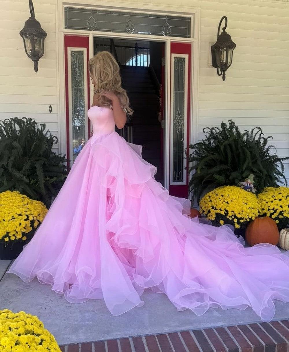 Suzhoufashion Blush Pink Off-The-Shoulder Ball Gown With Crystal Embellishments Formal Evening Gown