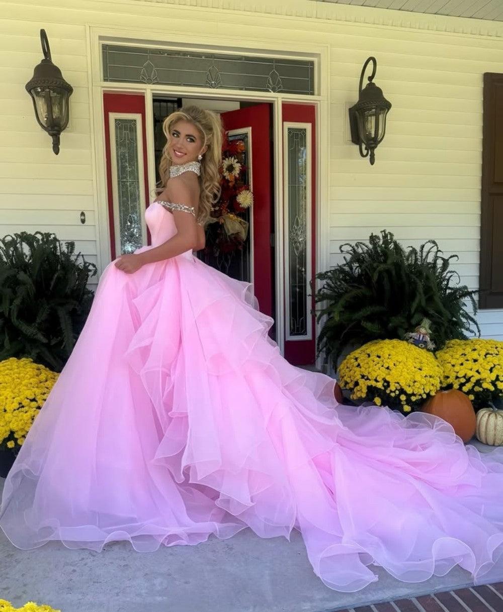 Suzhoufashion Blush Pink Off-The-Shoulder Ball Gown With Crystal Embellishments Formal Evening Gown