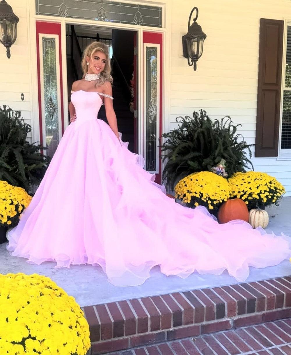 Suzhoufashion Blush Pink Off-The-Shoulder Ball Gown With Crystal Embellishments Formal Evening Gown