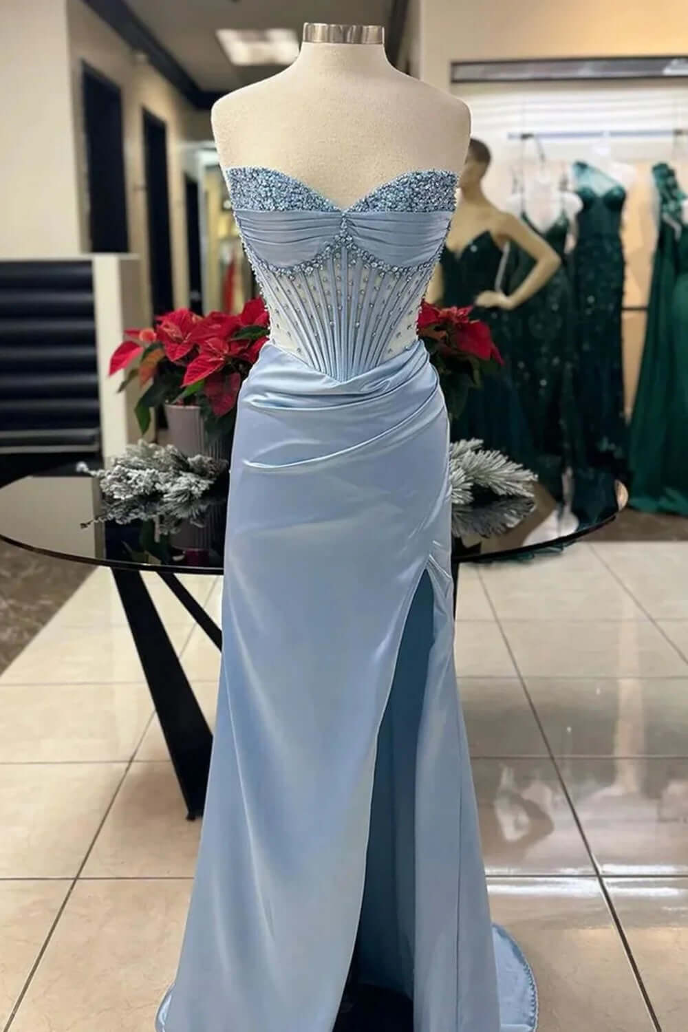 Column Satin Sweetheart Sleeveless Green Prom Dress Formal Dress With Slit