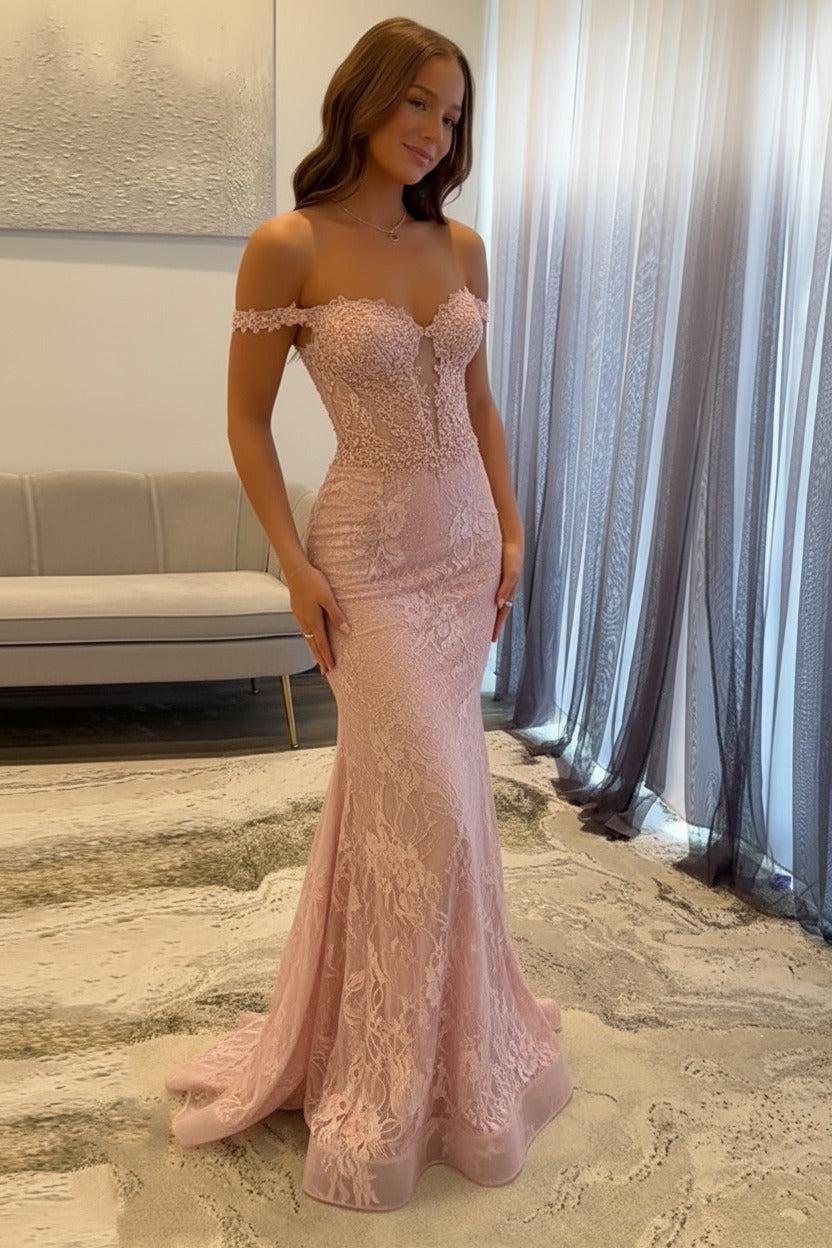 Navy Prom Dress Off The Shoulder Mermaid Long Lace Formal Dress (ZD17401)
