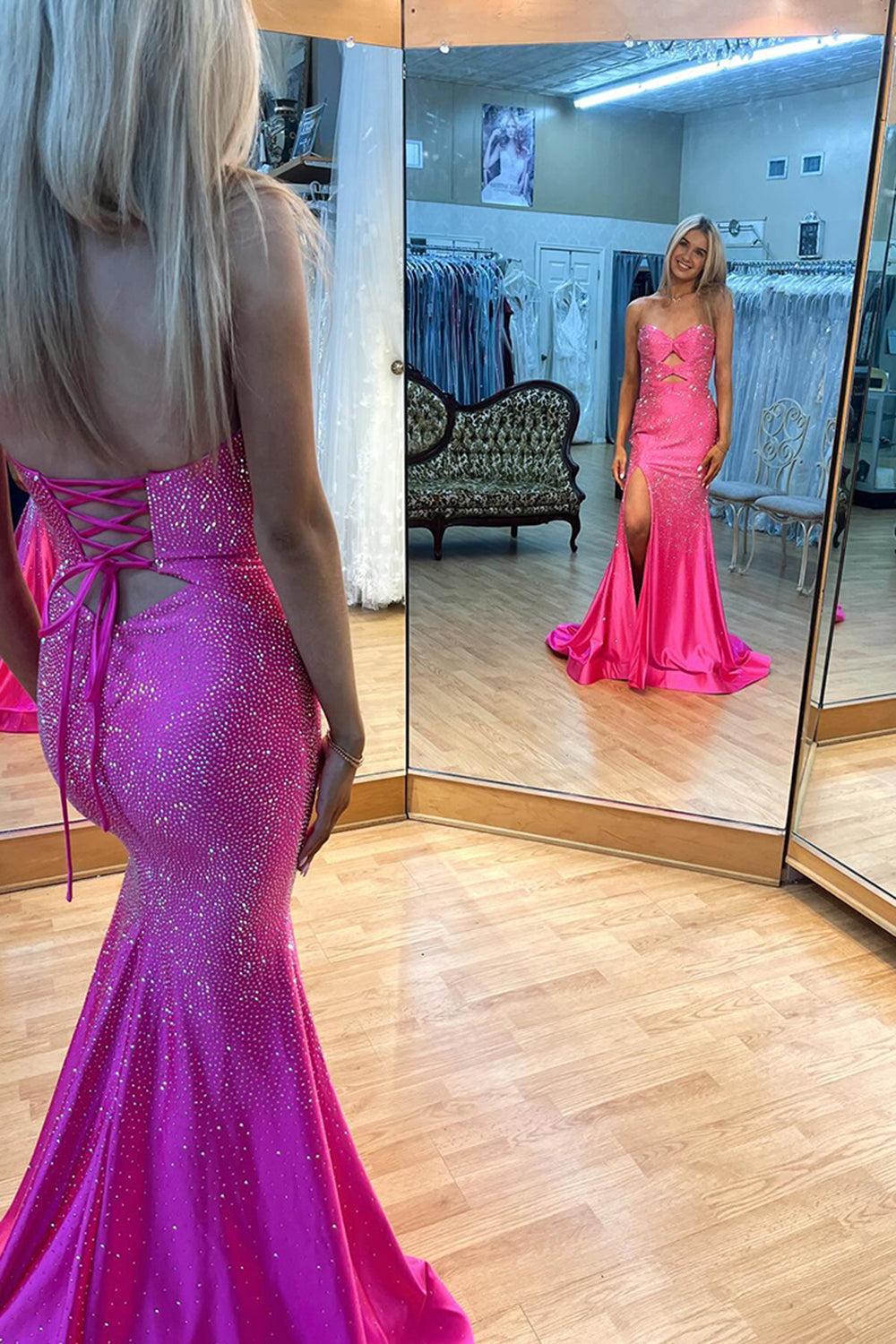 Red Prom Dress Mermaid Hollow Out Sweetheart Formal Dress With Slit