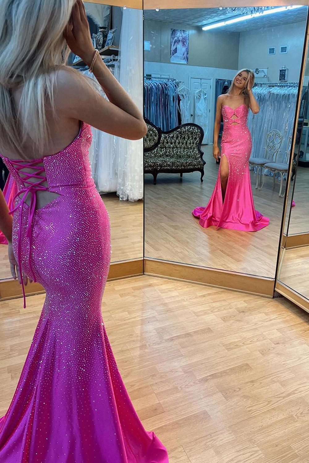 Red Prom Dress Mermaid Hollow Out Sweetheart Formal Dress With Slit