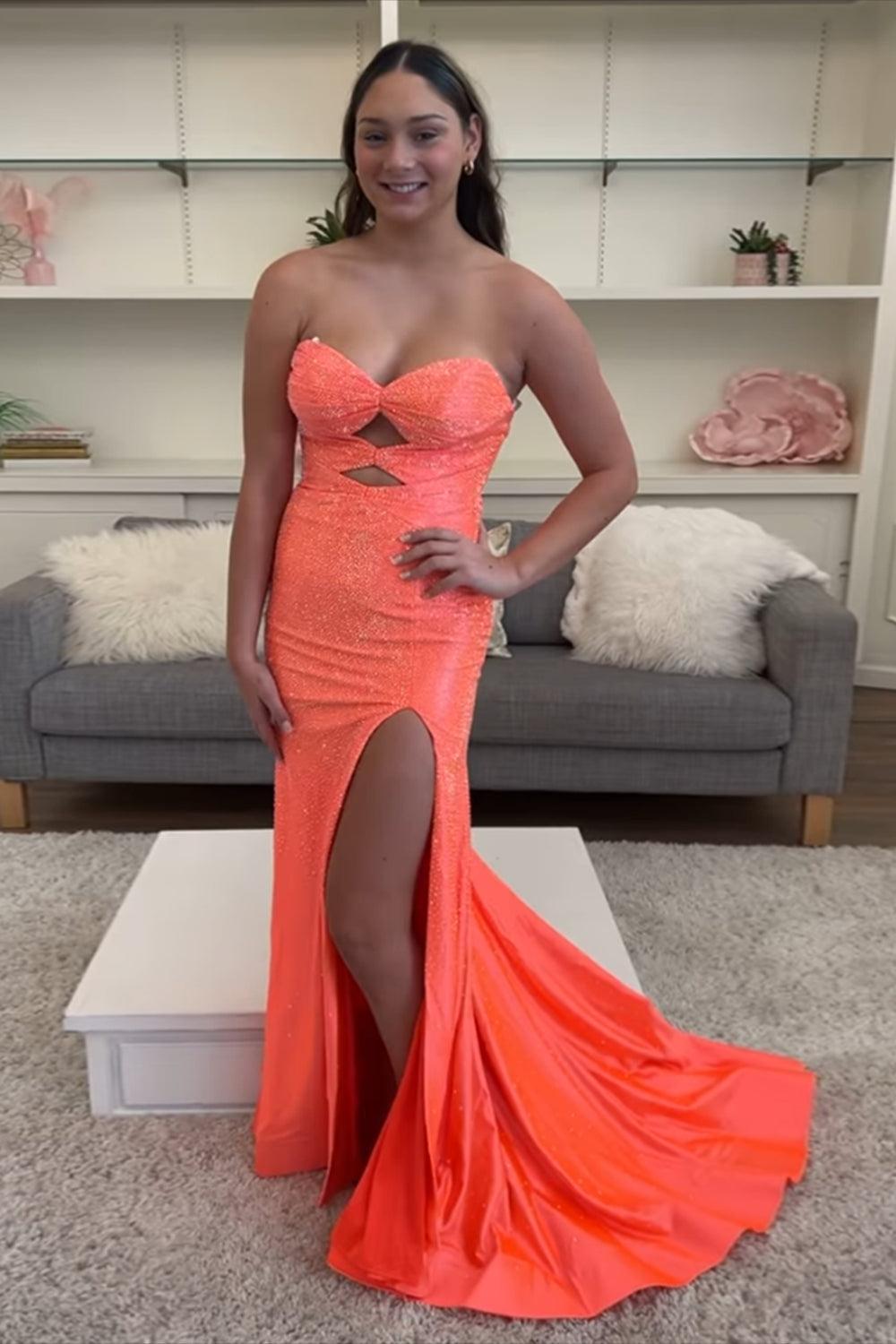 Red Prom Dress Mermaid Hollow Out Sweetheart Formal Dress With Slit