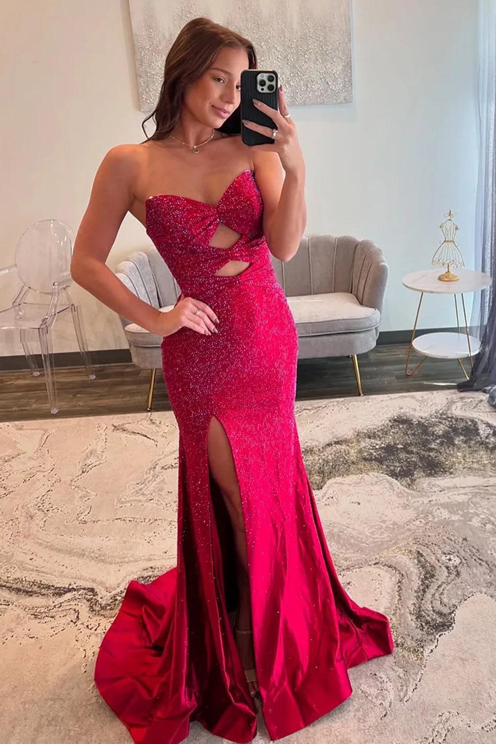 Red Prom Dress Mermaid Hollow Out Sweetheart Formal Dress With Slit