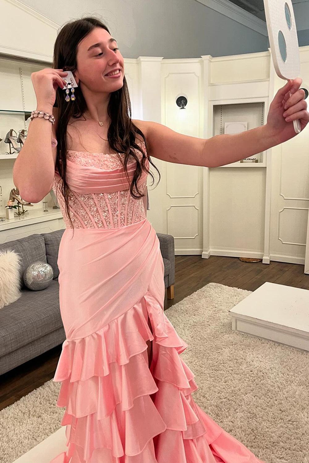 Blue Prom Dress Ruffled Mermaid Long Lace Satin Formal Dress With Slit