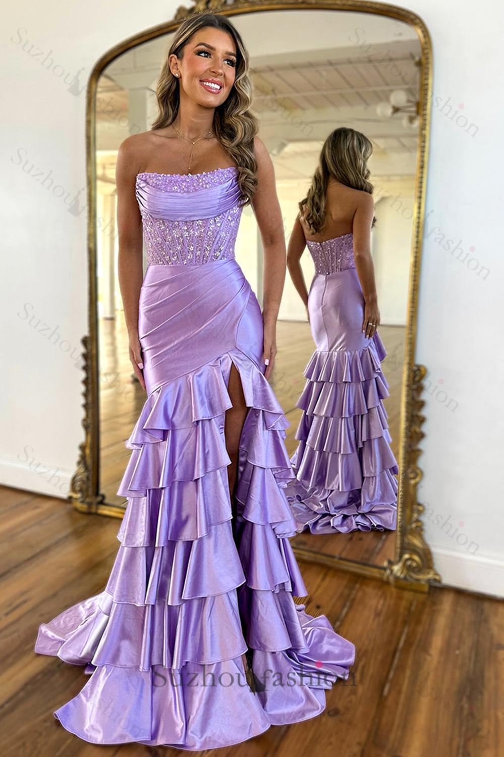 Blush Prom Dress Tiered Mermaid Long Formal Dress With Slit