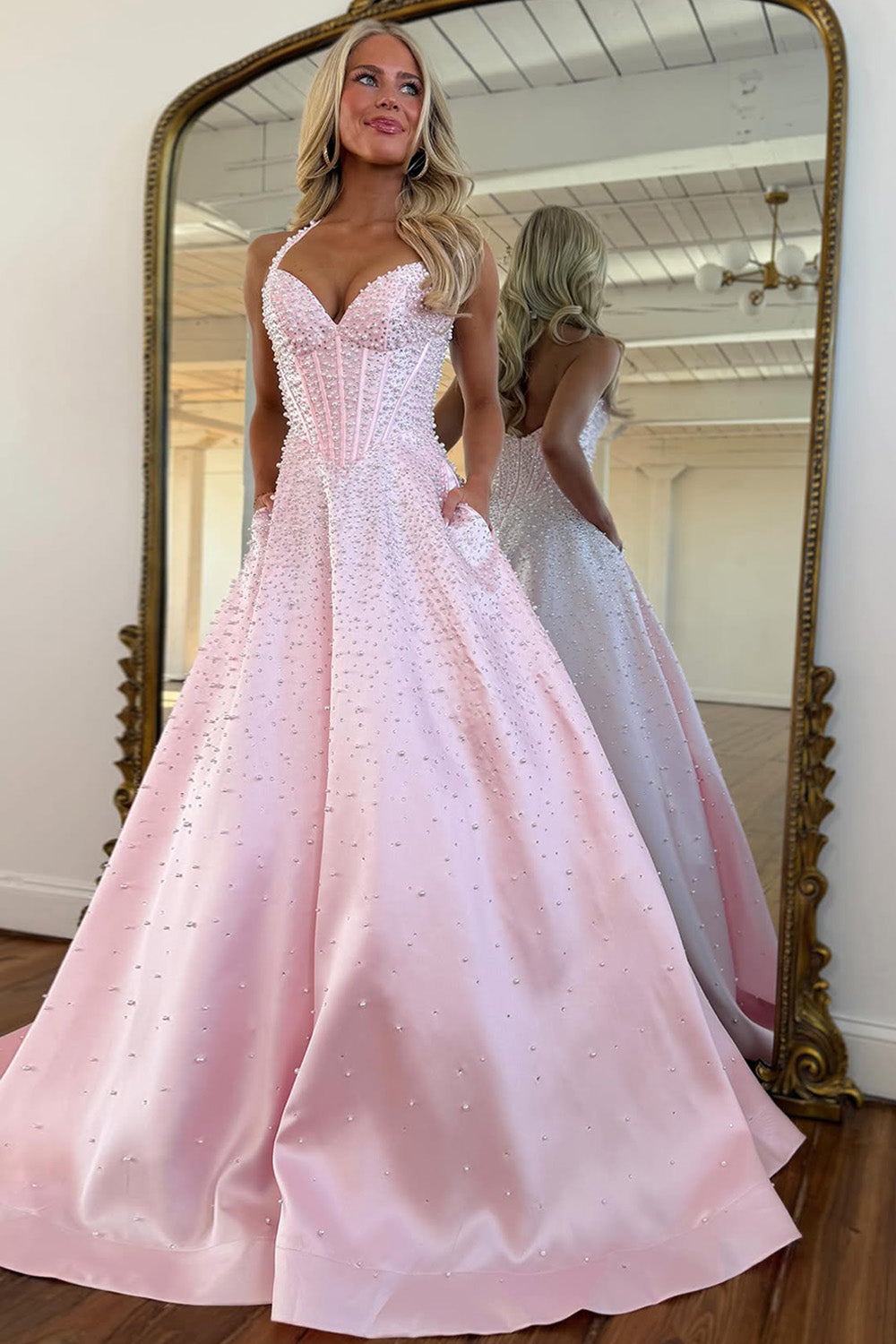 Stunning Pink Halter Corset Pearl Prom Dress with Beaded Bodice & Full Skirt - VelvetHem