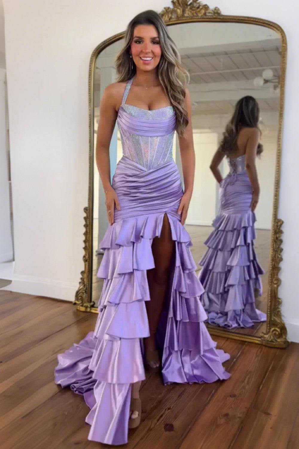 Gorgeous Mermaid Halter Neck Royal Blue Corset Prom Dress with Beading Ruffles - View 10 | VelvetHem