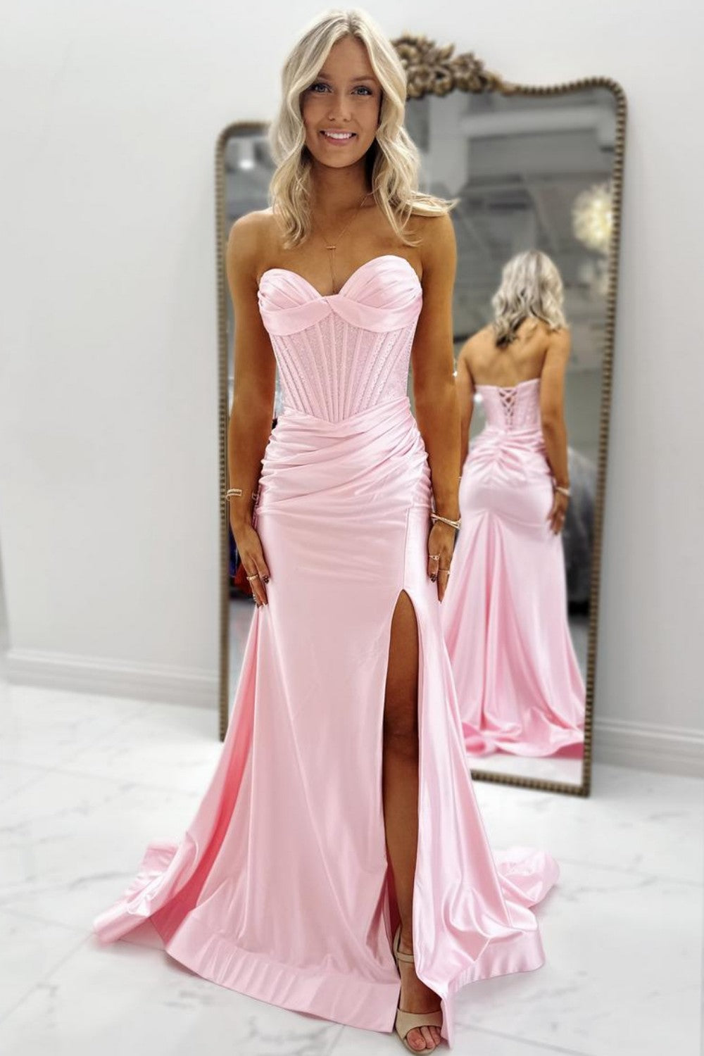 Stylish Mermaid Sweetheart Pink Corset Prom Dress with Beading - VelvetHem